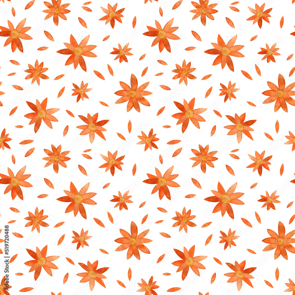 Seamless pattern with orange flowers on a white background. Watercolor illustration. Seamless pattern with orange flowers on a white background. Watercolor illustration.