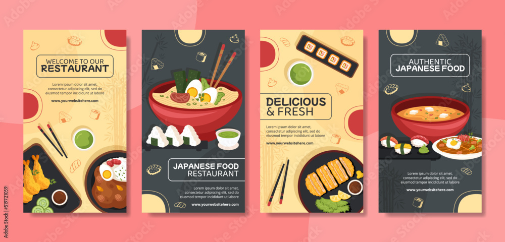 Japanese Food Social Media Stories Template Flat Cartoon Background Vector Illustration