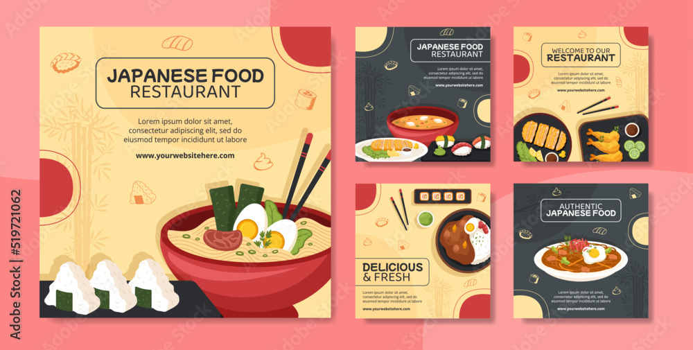 Japanese Food Social Media Post Template Flat Cartoon Background Vector Illustration