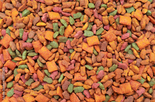 Background of colorful dry pet food. Good nutrition for dogs and cats.