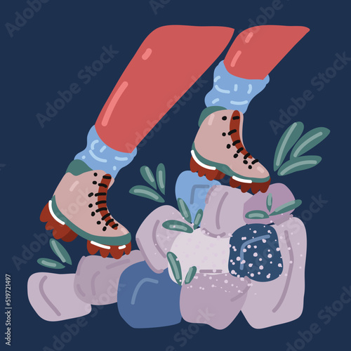 Cartoon vector illustration of tourist hiking boots Trekking shoes. Legs step on mounting mountainous terrain