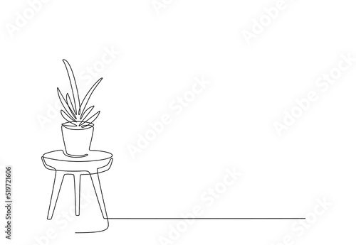 One line drawing of House plant flower in pot on table. Continuous line handdrawn of furniture and flower, plant in vase. Minimalist Vector illustration of plant. Editable stroke