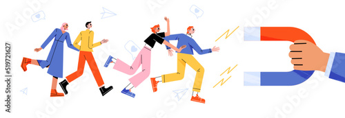 Attract and retention customers and loyalty clients concept. Vector flat illustration of people run to hand holding magnet. Business marketing strategy for increase and lead audience