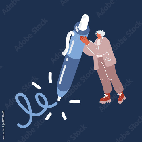 Cartoon vector illustration of Woman hold big fountain pen. Writer, bloggers, journalists, interviewer, copywriters