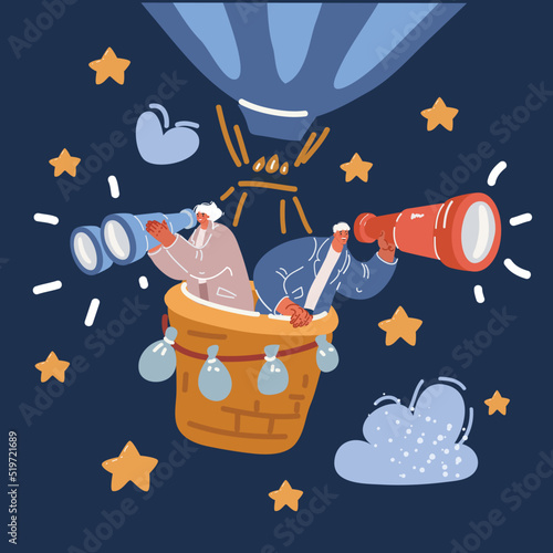 Vector illustration of People hiring air, balloon. Happy smiling woman and man riding on aerostat and viewing something or somebody birds-eye concept. Searching for employee for business team