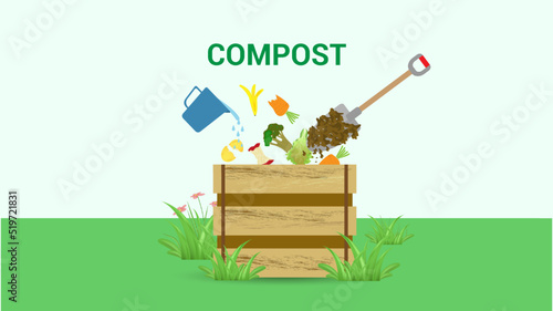 Compost cycle concept, compost bin  with organic waste illustration for waste composting,  waste recycling process concept for compost organic waste vector illustration. 