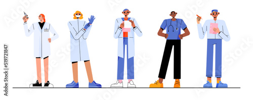 Medical staff, group of doctors and nurses in uniform and face mask. Vector flat illustration of professional medic team, diverse people work in hospital or health clinic