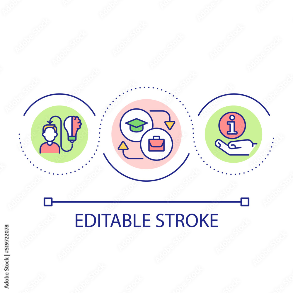 Connecting education and future workplace loop concept icon. Real-life work experiences abstract idea thin line illustration. Apprenticeship. Isolated outline drawing. Editable stroke. Arial font used Connecting education and future workplace loop concept icon. Real-life work experiences abstract idea thin line illustration. Apprenticeship. Isolated outline drawing. Editable stroke. Arial font used