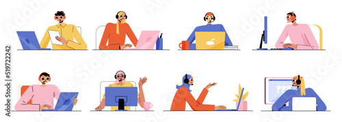 Call center with operators working on computer and laptop. Vector flat illustration of customer support service office with people in headset isolated on white background