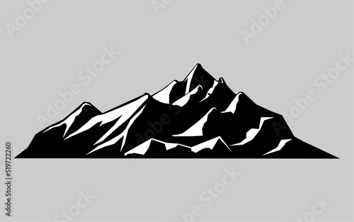 vector illustration of mountain, isolated silhouette elements in mature landscape white background, outdoor icons, snow ice peaks and decorative isolated camping trip climbing or hiking.