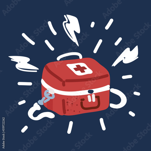 Cartoon vector illustration of First aid kit box with medical equipment and medications for emergency, objects top view