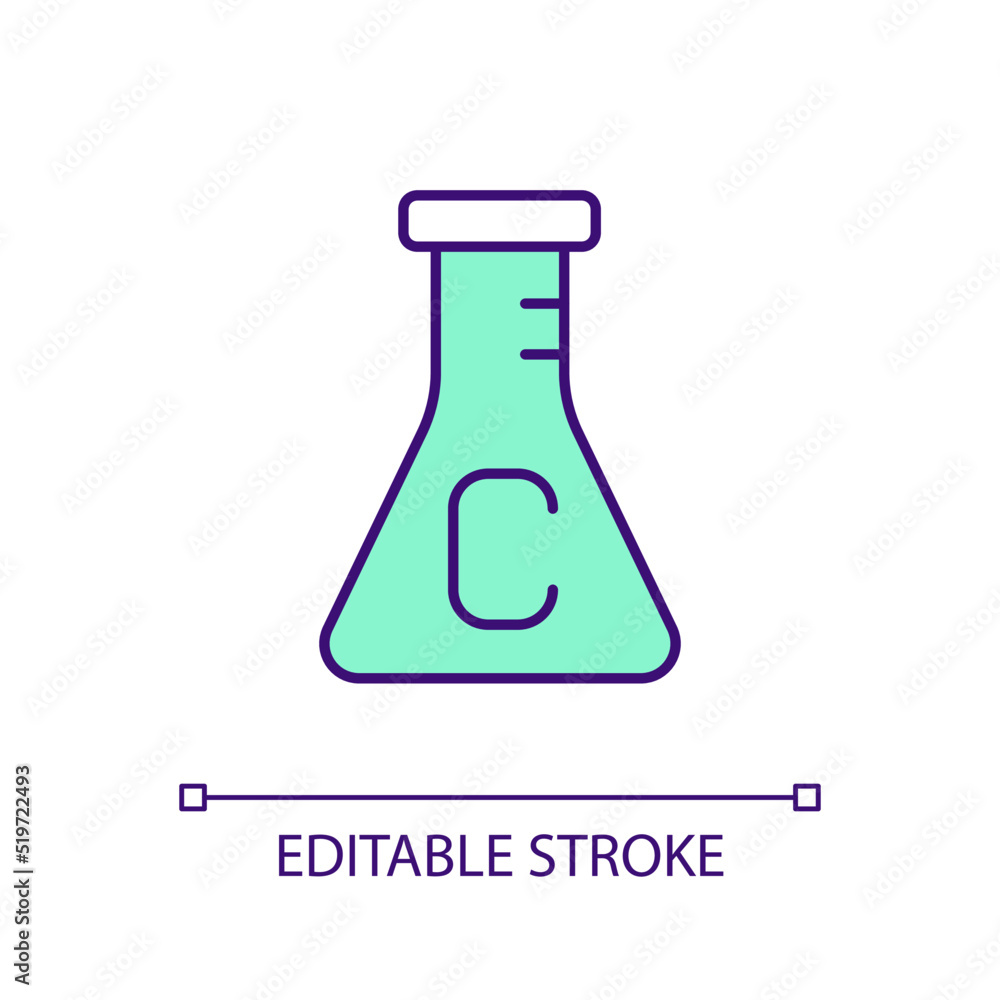 Erlenmeyer flask with carbon sample RGB color icon. Chemical tests. Toxic material in lab. Isolated vector illustration. Simple filled line drawing. Editable stroke. Arial font used Erlenmeyer flask with carbon sample RGB color icon. Chemical tests. Toxic material in lab. Isolated vector illustration. Simple filled line drawing. Editable stroke. Arial font used