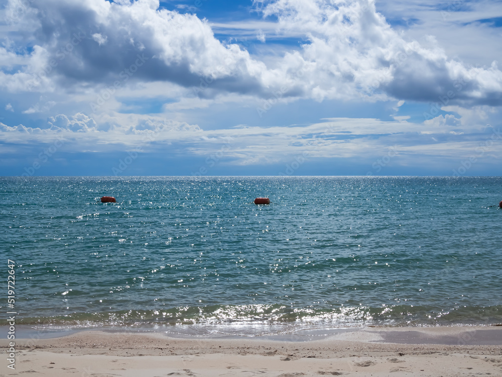 Sand beach with blue sea and blue sky and white cloud beautiful at coast. beautiful blue ocean shore outdoor nature landscape water  background. tourist summer travel holidays tropical season.