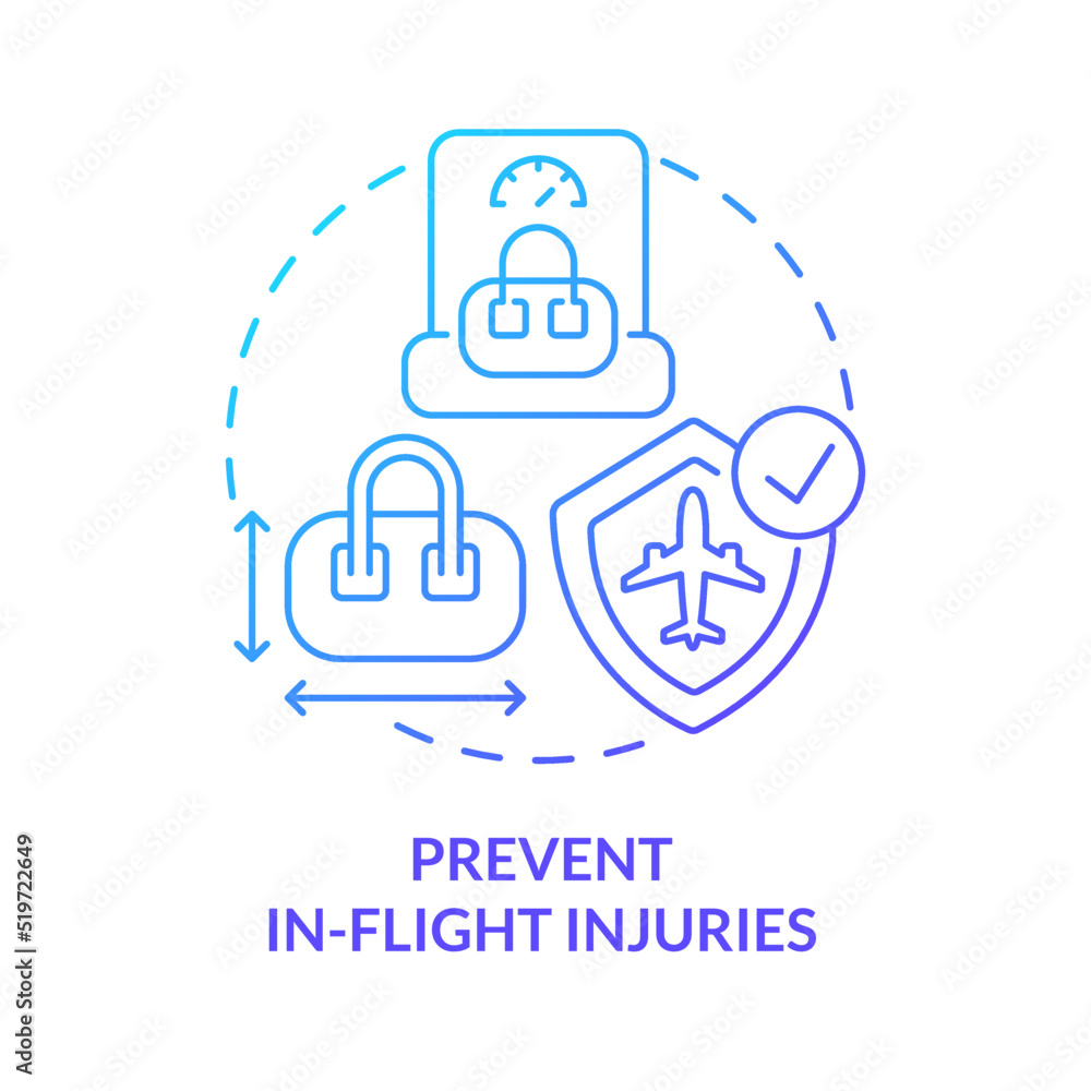Prevent in-flight injuries blue gradient concept icon. Passenger safety tip abstract idea thin line illustration. Good maintenance. Carry-on bags. Isolated outline drawing. Myriad Pro-Bold font used Prevent in-flight injuries blue gradient concept icon. Passenger safety tip abstract idea thin line illustration. Good maintenance. Carry-on bags. Isolated outline drawing. Myriad Pro-Bold font used