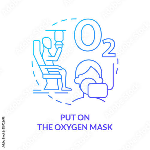 Put on oxygen mask blue gradient concept icon. Surviving aviation accident abstract idea thin line illustration. Drop in cabin pressure. Isolated outline drawing. Myriad Pro-Bold font used