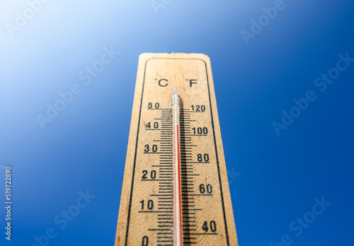 Thermometer indicating high temperatures - 40 degrees Celsius. Days with high temperatures.