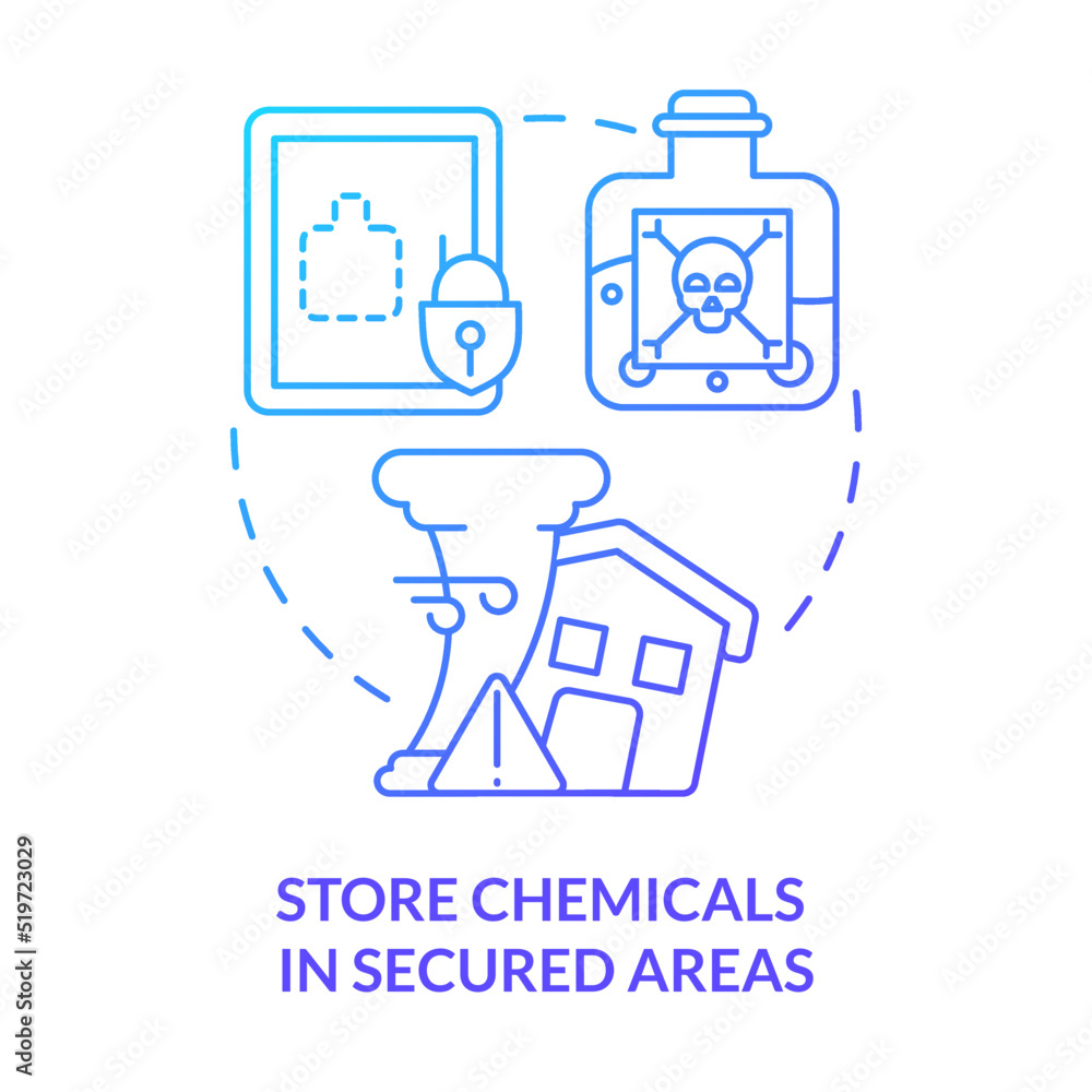 Store chemicals in secured areas blue gradient concept icon. Prepare for tornado at home abstract idea thin line illustration. Storage location. Isolated outline drawing. Myriad Pro-Bold font used Store chemicals in secured areas blue gradient concept icon. Prepare for tornado at home abstract idea thin line illustration. Storage location. Isolated outline drawing. Myriad Pro-Bold font used