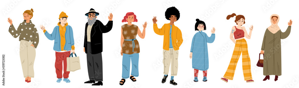 Diverse people waving hand isolated on white background. Multiracial group of characters, african american guy, elder jewish man, asian girl, muslim woman, Vector flat illustration Diverse people waving hand isolated on white background. Multiracial group of characters, african american guy, elder jewish man, asian girl, muslim woman, Vector flat illustration