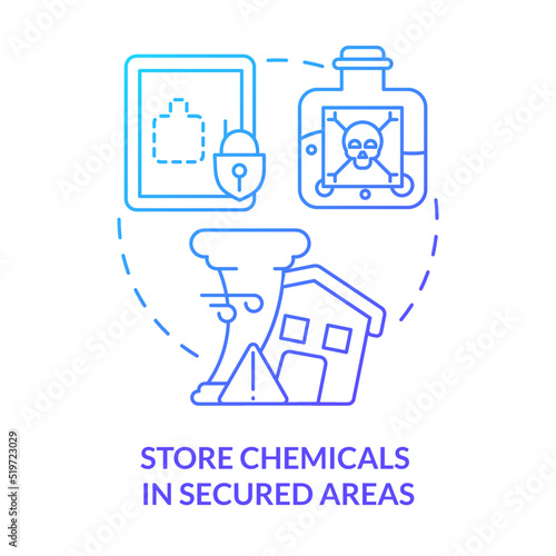 Store chemicals in secured areas blue gradient concept icon. Prepare for tornado at home abstract idea thin line illustration. Storage location. Isolated outline drawing. Myriad Pro-Bold font used