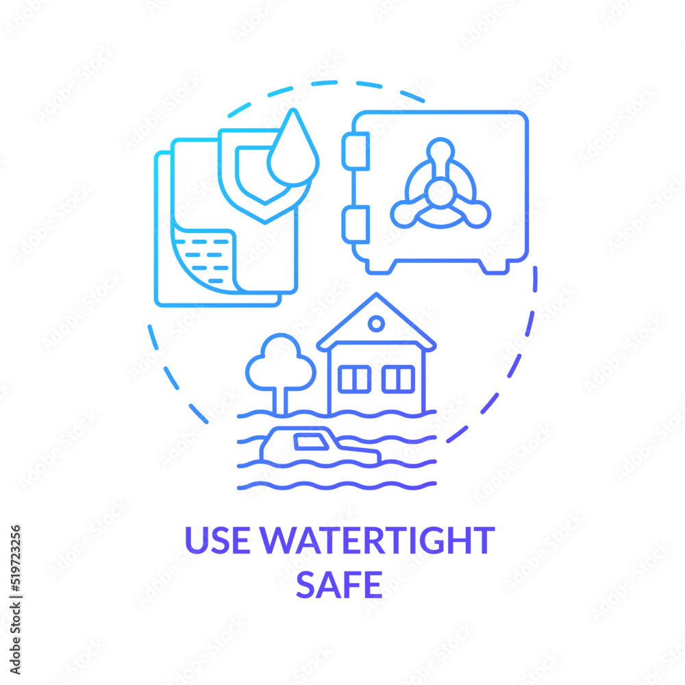 Use watertight safe blue gradient concept icon. Flood safety measure abstract idea thin line illustration. Water-resistant technology. Isolated outline drawing. Myriad Pro-Bold font used