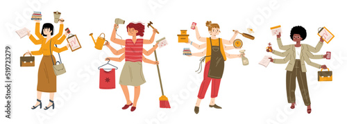 Multitasking women doing many tasks cartoon flat set. Illustration of active housewives busy with chores, businesswomen working on career, female characters with multiple arms isolated on white.