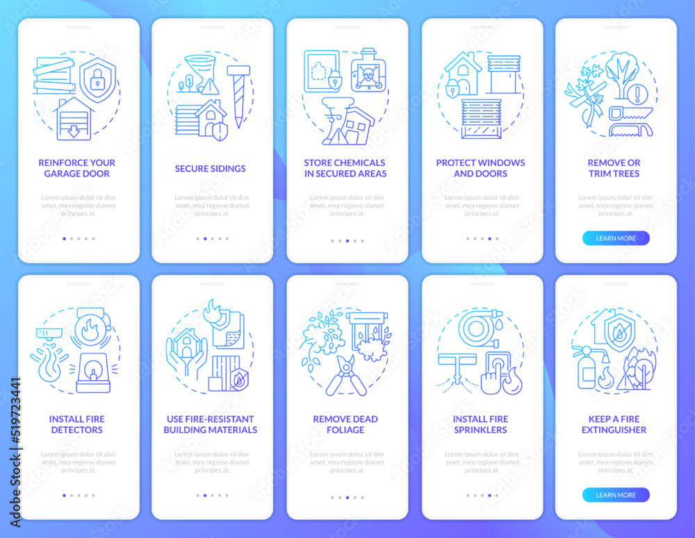 Natural disasters safety blue gradient onboarding mobile app screen set. Walkthrough 5 steps graphic instructions with linear concepts. UI, UX, GUI template. Myriad Pro-Bold, Regular fonts used