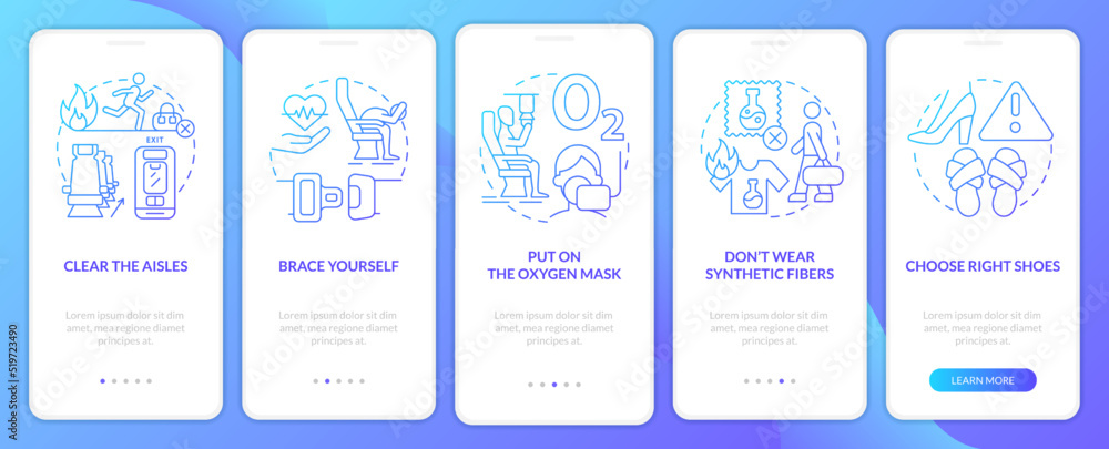 Surviving aviation accident blue gradient onboarding mobile app screen. Walkthrough 5 steps graphic instructions with linear concepts. UI, UX, GUI template. Myriad Pro-Bold, Regular fonts used