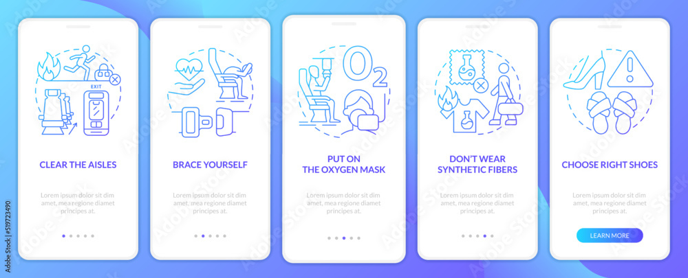 Surviving aviation accident blue gradient onboarding mobile app screen. Walkthrough 5 steps graphic instructions with linear concepts. UI, UX, GUI template. Myriad Pro-Bold, Regular fonts used Surviving aviation accident blue gradient onboarding mobile app screen. Walkthrough 5 steps graphic instructions with linear concepts. UI, UX, GUI template. Myriad Pro-Bold, Regular fonts used