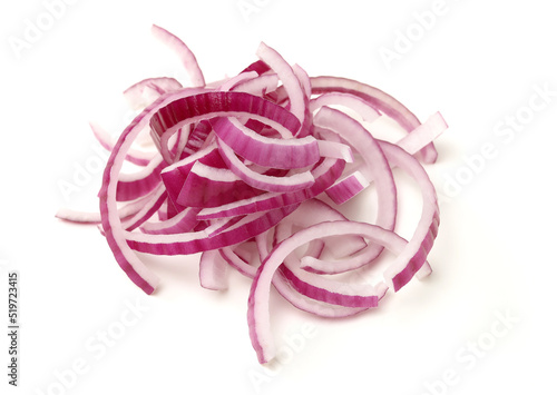 Sliced red onion rings on white background