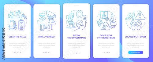 Surviving aviation accident blue gradient onboarding mobile app screen. Walkthrough 5 steps graphic instructions with linear concepts. UI, UX, GUI template. Myriad Pro-Bold, Regular fonts used