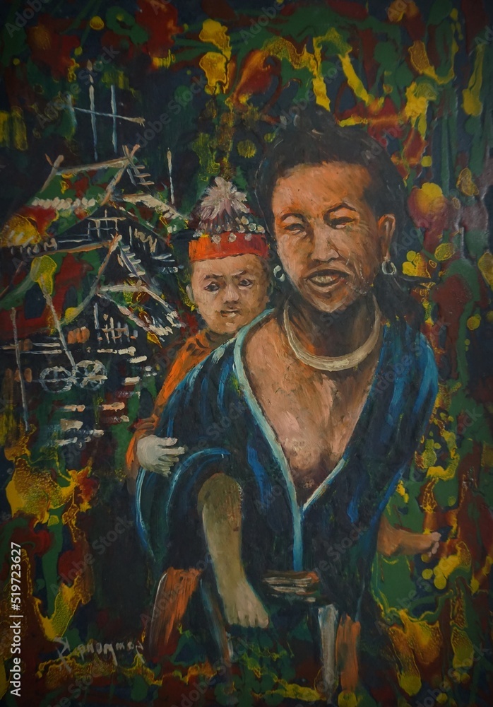 Oil painting of mother holding baby, hill tribe  thai life