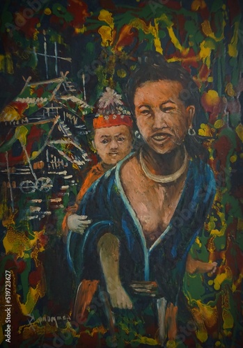 Oil painting of mother holding baby, hill tribe thai life