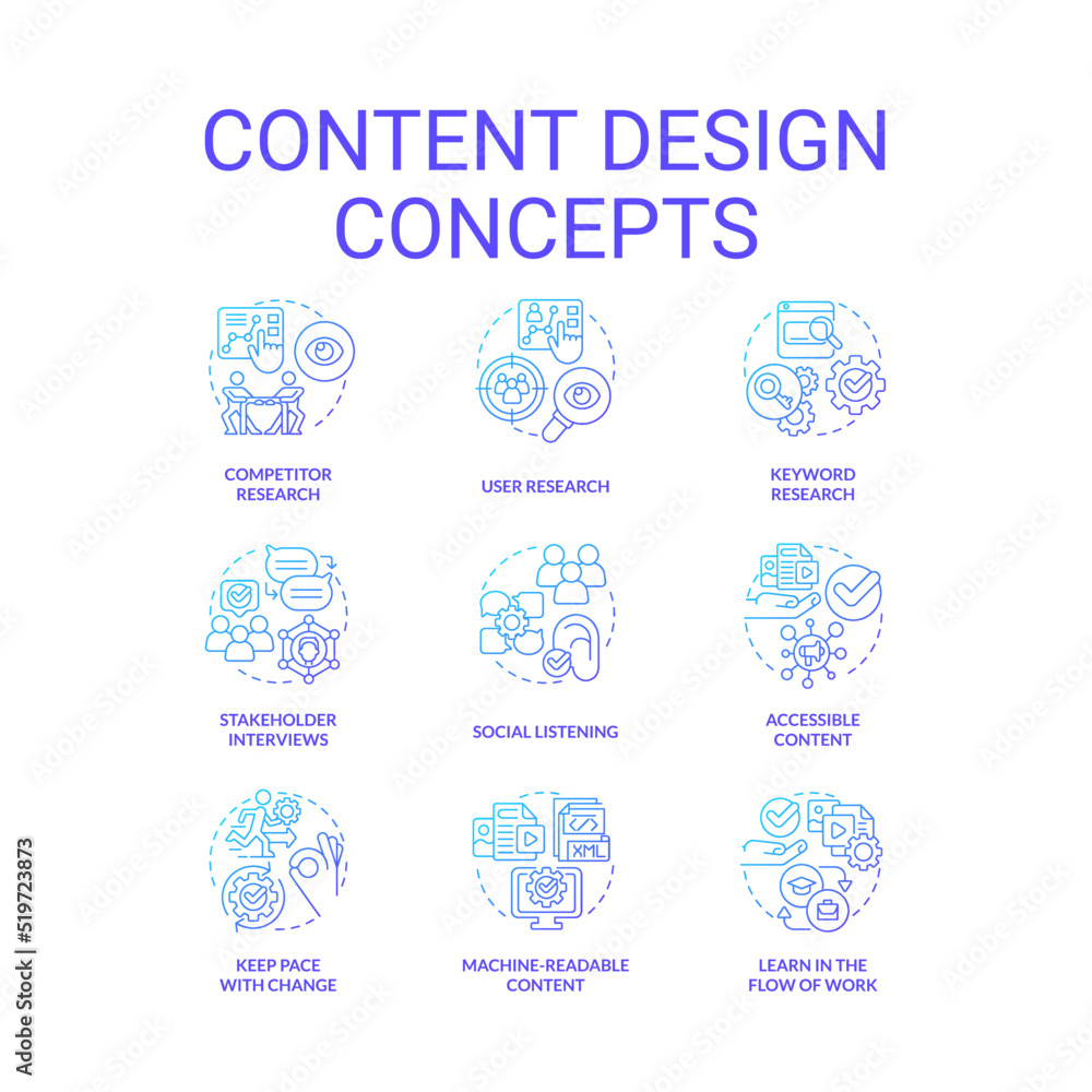 Content design blue gradient concept icons set. Information about business. Advertising service idea thin line color illustrations. Isolated symbols. Roboto-Medium, Myriad Pro-Bold fonts used
