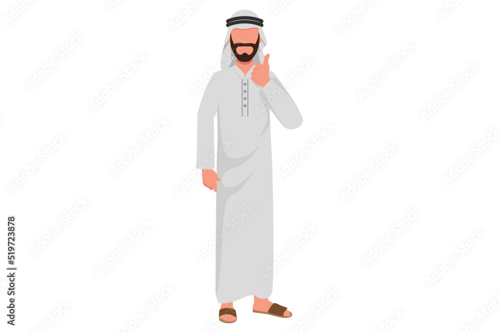 Business flat drawing Arab businessman show thumb lifted up sign. Cool gesturing. Thumb up gesture in very good hand sign, satisfy, approval, well done expression. Cartoon design vector illustration