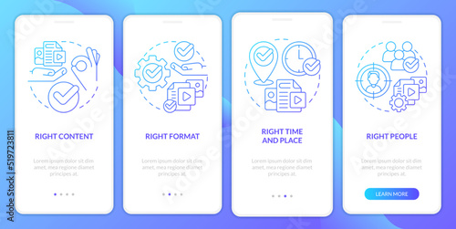 Content principles blue gradient onboarding mobile app screen. Business walkthrough 4 steps graphic instructions with linear concepts. UI, UX, GUI template. Myriad Pro-Bold, Regular fonts used
