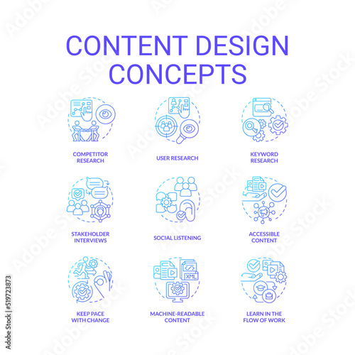 Content design blue gradient concept icons set. Information about business. Advertising service idea thin line color illustrations. Isolated symbols. Roboto-Medium, Myriad Pro-Bold fonts used © bsd studio