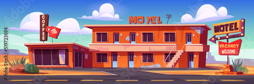 Small motel at highway roadside, old building facade with illuminated road sign in desert area. Accommodation for car travelers, touristic infrastructure 24 hours service, Cartoon vector illustration.