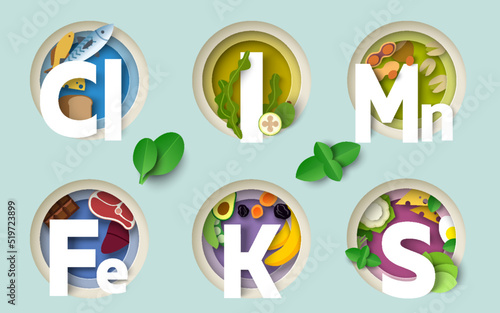 Nutrition minerals and vitamin paper cut vector