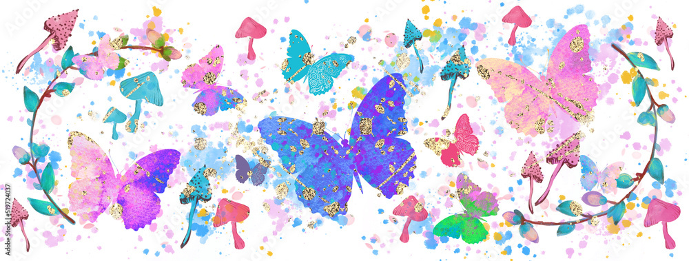 Holiday botanical horizontally illustration. Butterflies, mushrooms, watercolour splashes. 