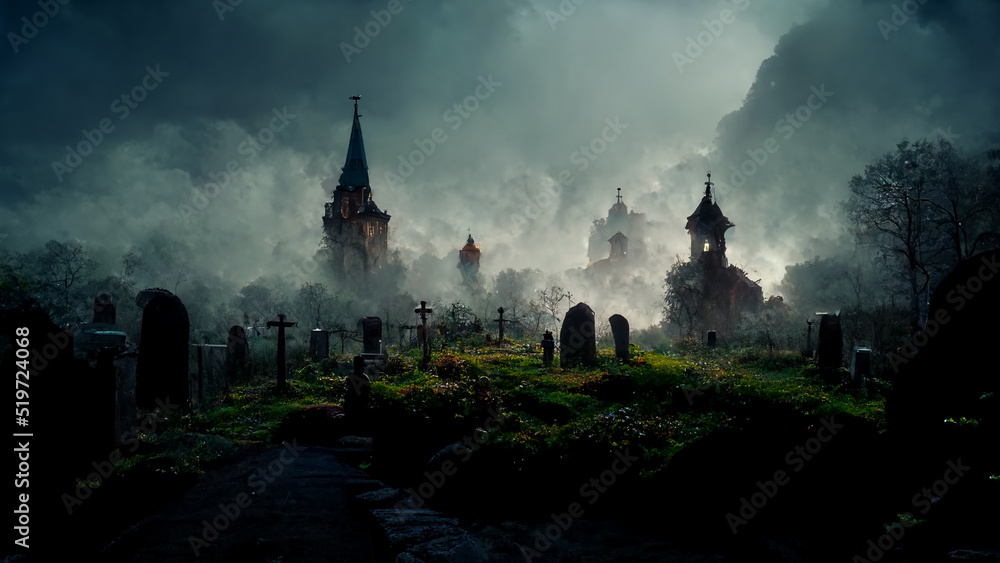 Haunted village house and cemetery in foggy atmosphere, fog scary horror landscape, dark sky, black sky fantasy medieval concept, Halloween background 3d rendering - obrazy, fototapety, plakaty 