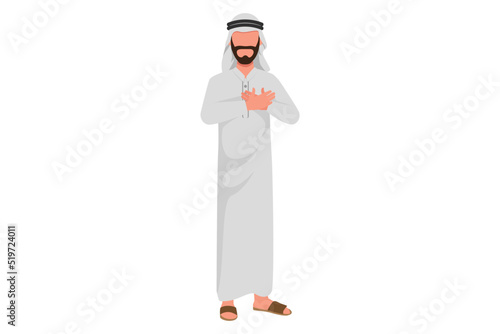 Business flat drawing Arabian businessman with pleased expression keeps hands on chest, impressed by good words of gratitude. Man expresses love, thankful feelings. Cartoon design vector illustration