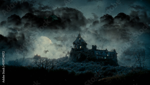 Haunted village house and cemetery in foggy atmosphere, fog scary horror landscape, dark sky, black sky fantasy medieval concept, Halloween background 3d rendering © catalin