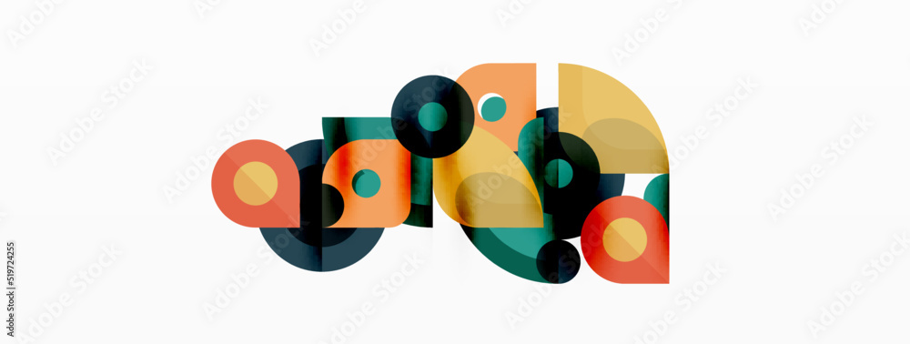 Fototapeta premium Colorful round shapes, circles and triangles background. Minimal geometric template for wallpaper, banner, presentation