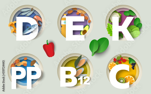 Vitamin D, E, K, BB, B12, C paper cut vector set
