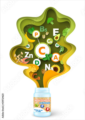 Supplement with multivitamin and mineral 3d vector