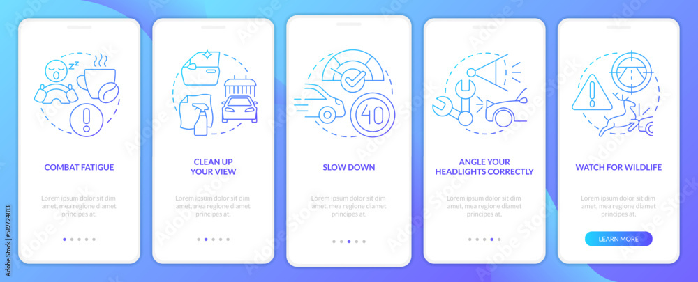 Driving safety at night blue gradient onboarding mobile app screen. Walkthrough 5 steps graphic instructions with linear concepts. UI, UX, GUI template. Myriad Pro-Bold, Regular fonts used