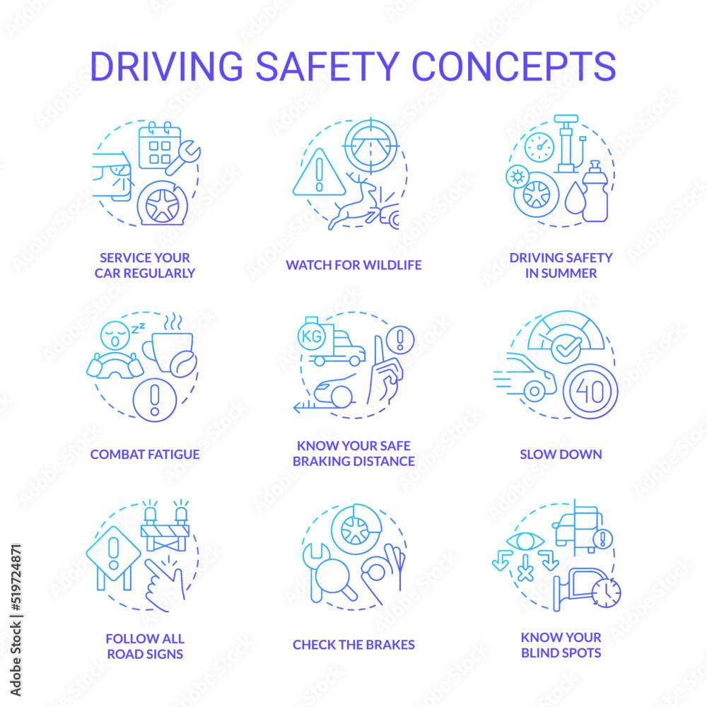 Driving safety blue gradient concept icons set. Speed limits while drive. Road signs and rules idea thin line color illustrations. Isolated symbols. Roboto-Medium, Myriad Pro-Bold fonts used
