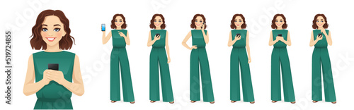 Young beatiful woman in green jumpsuit holding mobile phone, talking, texting and showing empty sreen isolated vector illustration