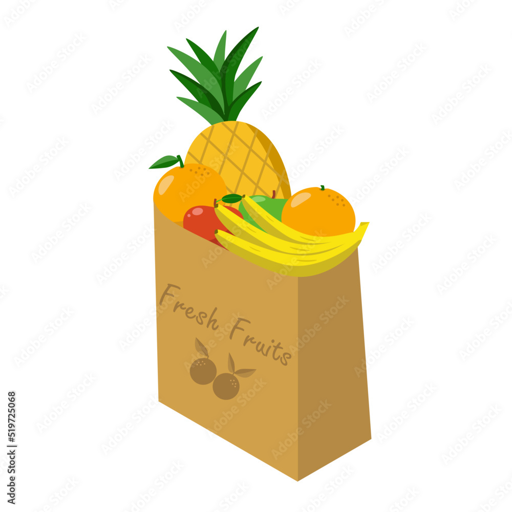 Fresh fruit in a paper bag. Delivery of healthy food. Vector illustration isolated on white background. Fresh fruit in a paper bag. Delivery of healthy food. Vector illustration isolated on white background.