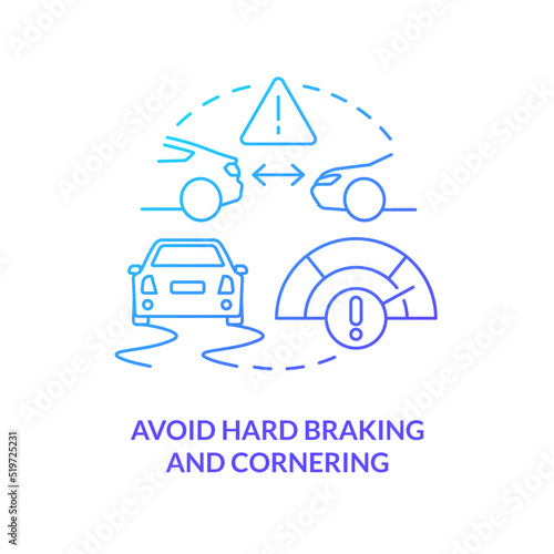 Avoid hard braking and cornering blue gradient concept icon. Driving safety for commercial drivers abstract idea thin line illustration. Isolated outline drawing. Myriad Pro-Bold font used
